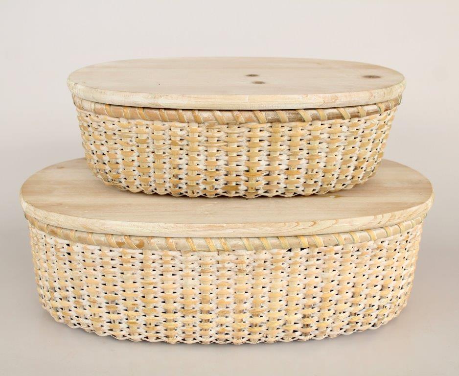 Set Of 2 White Washed Baskets With Wooden Lid